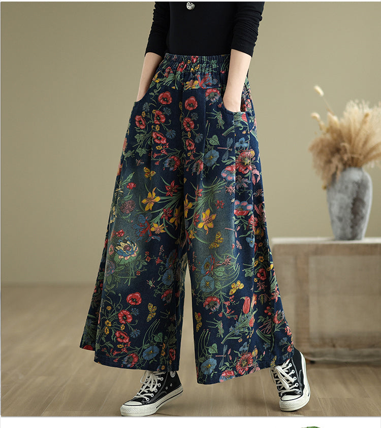 Vintage Floral Wide Leg Denim Pants Women's Boho Loose Casual Trousers
