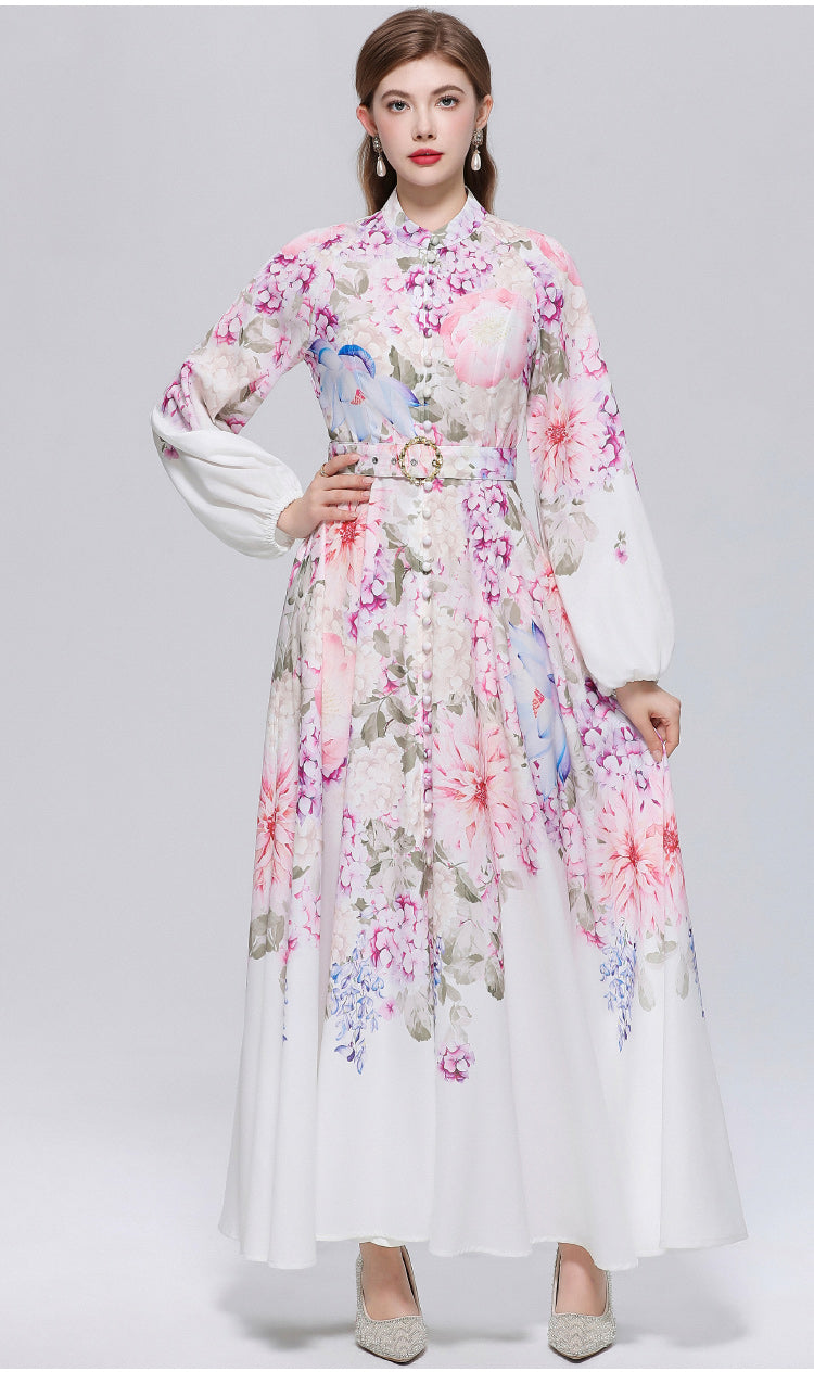 Women's Lantern Sleeve Floral Print Button Maxi Dress With Belts