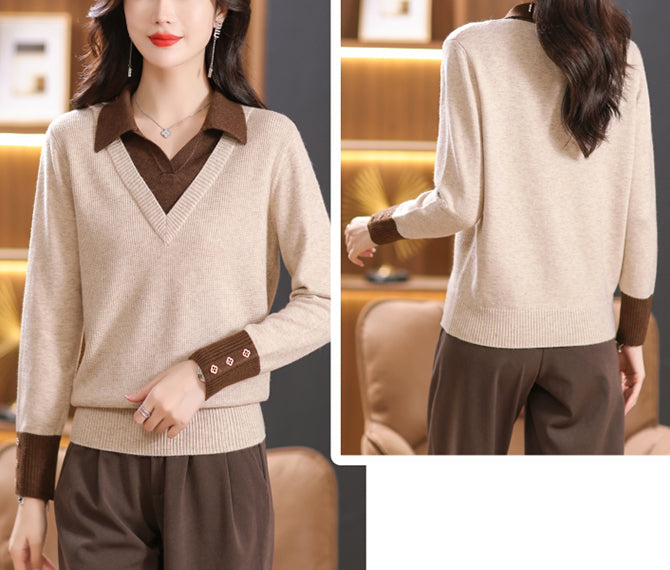 Elegant Layered Knit Sweater with Polo Collar Long Sleeve Knit Pullover - LAI MENG FIVE CATS