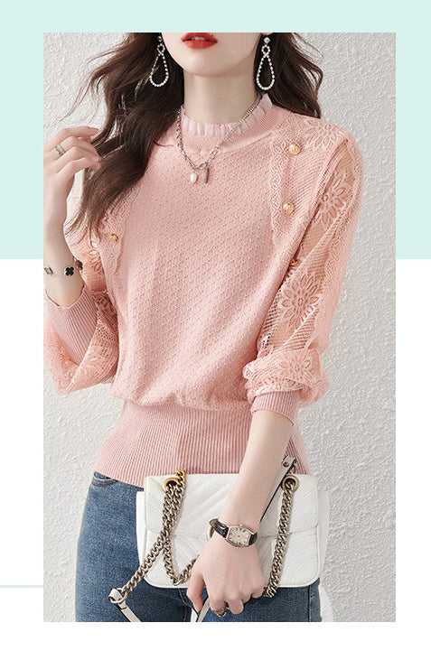 Women's Turtleneck Sweater Lantern Sleeves  Lace Tops - LAI MENG FIVE CATS
