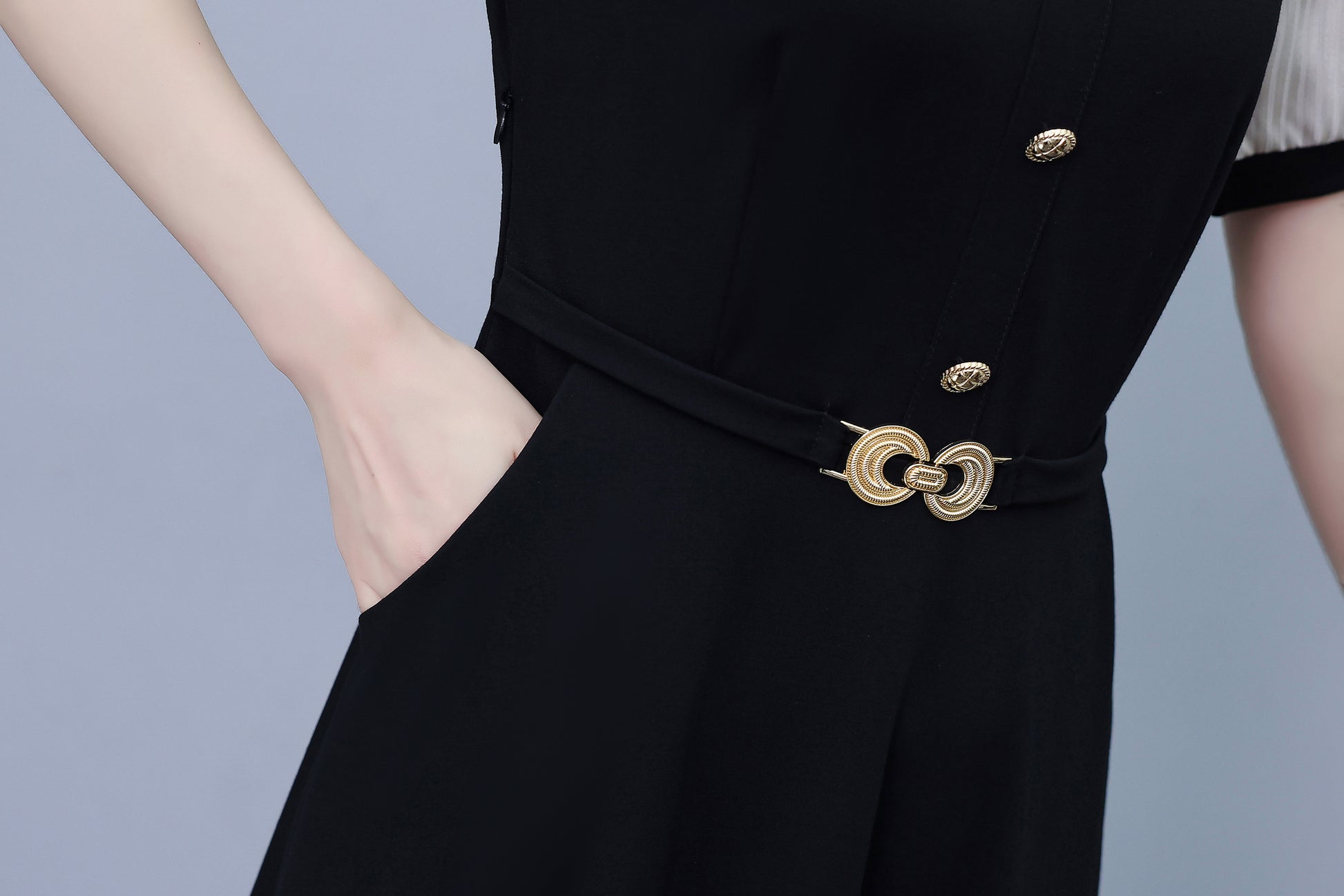 Women's Lapel V-Neck Pocket Short Sleeve Midi Dress - LAI MENG FIVE CATS