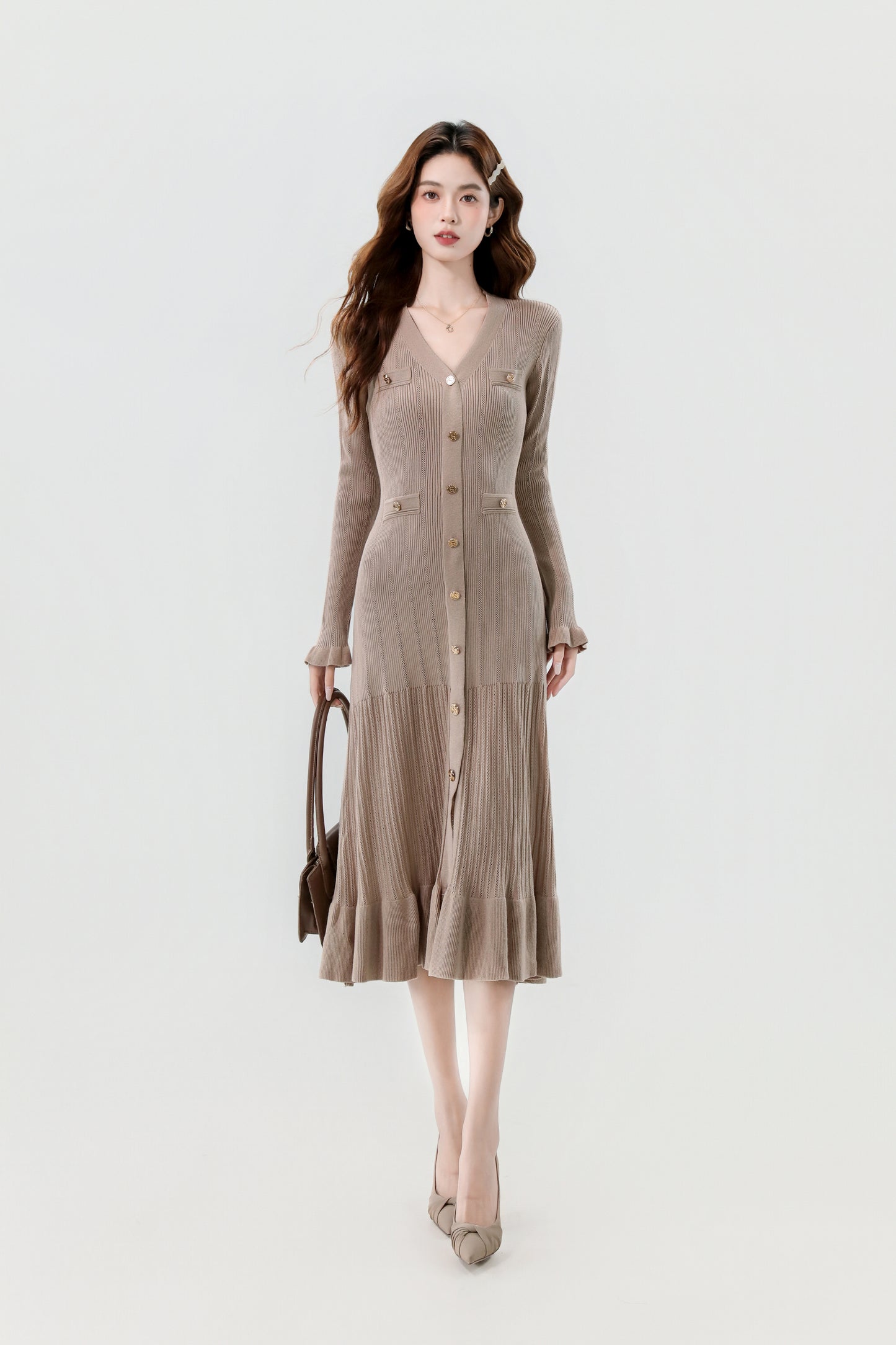 Women's V-Neck Sweater Knit Fishtail Hem Midi Dress