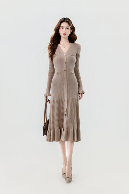 Women's V-Neck Sweater Knit Fishtail Hem Midi Dress