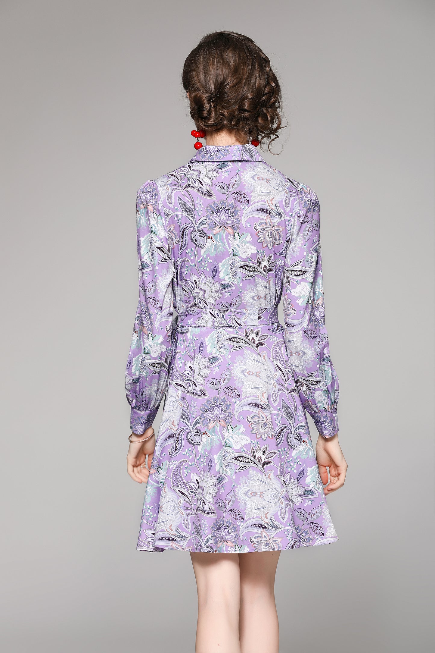 SSY-Women's Long Sleeve Lapel Collar Floral Mini Dress