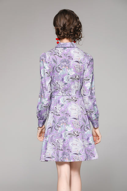 SSY-Women's Long Sleeve Lapel Collar Floral Mini Dress