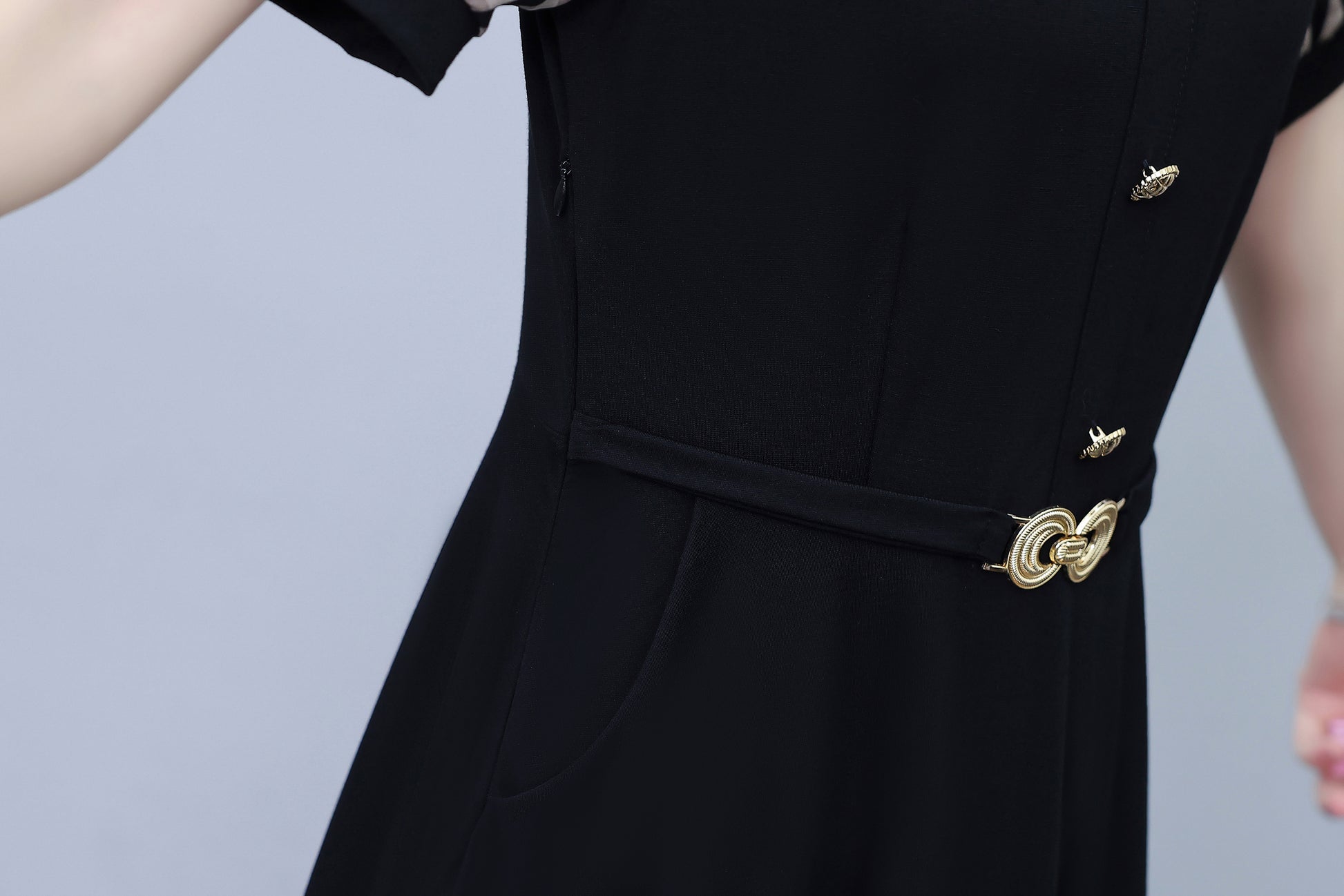 Women's Lapel V-Neck Pocket Short Sleeve Midi Dress - LAI MENG FIVE CATS