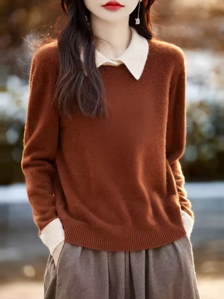 Contrast Collar Polo Neck Knit Sweater – Soft Fall&Winter Pullover - LAI MENG FIVE CATS