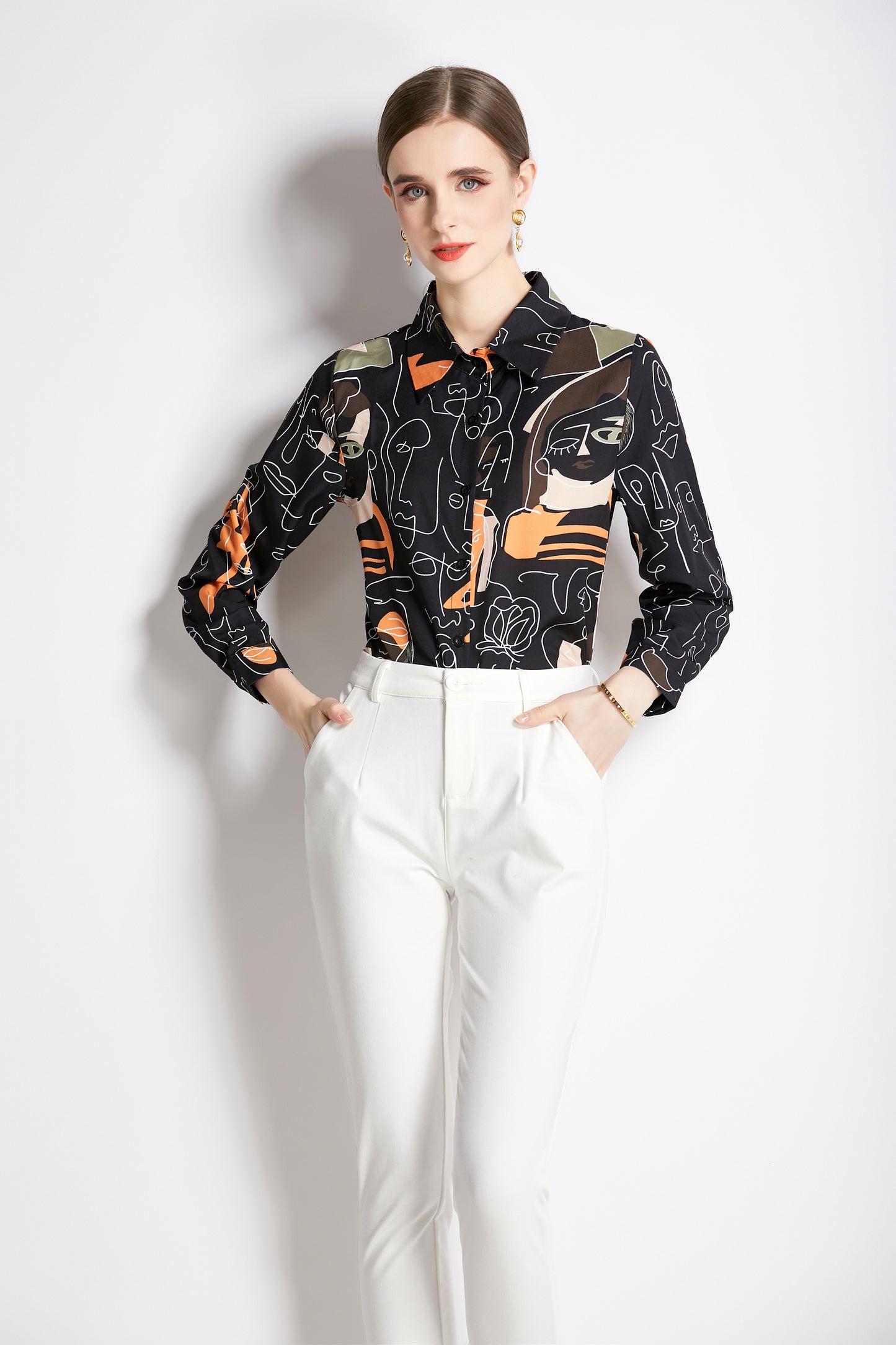 ESY-Women's Long Sleeve Lapel Collar Print Button Blouse