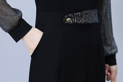 Women's V-Neck Long Sleeve with Pockets Black Dress