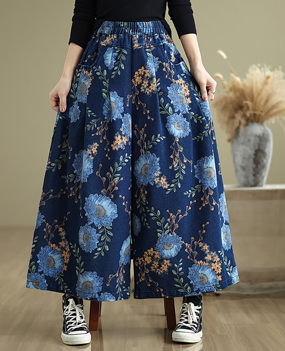 26804 Blue Floral Print Wide-Leg Jeans with Elastic Waist