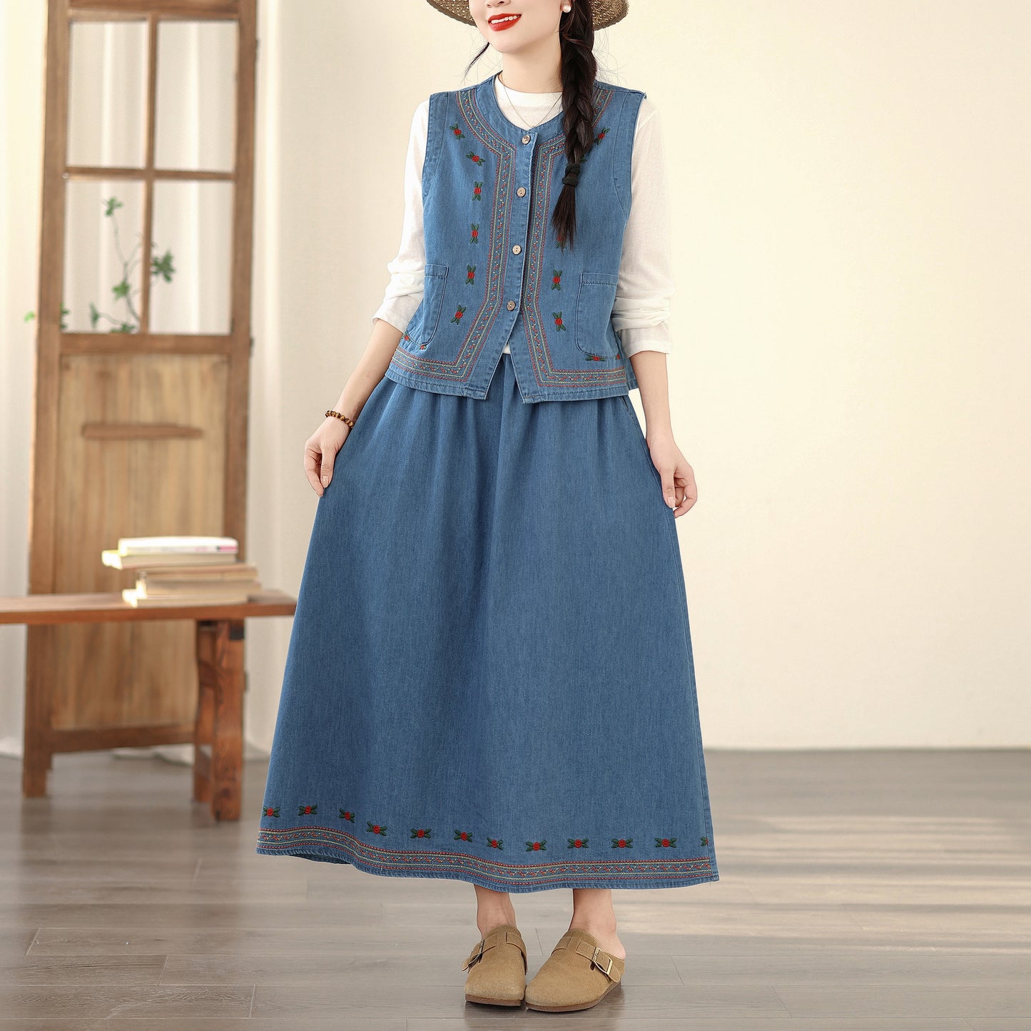 Women's Embroidered Elastic Waist Denim Jean Maxi Skirt Pocket - LAI MENG FIVE CATS