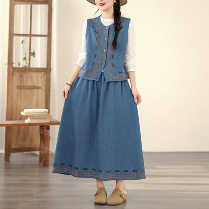 Women's Embroidered Elastic Waist Denim Jean Maxi Skirt Pocket - LAI MENG FIVE CATS