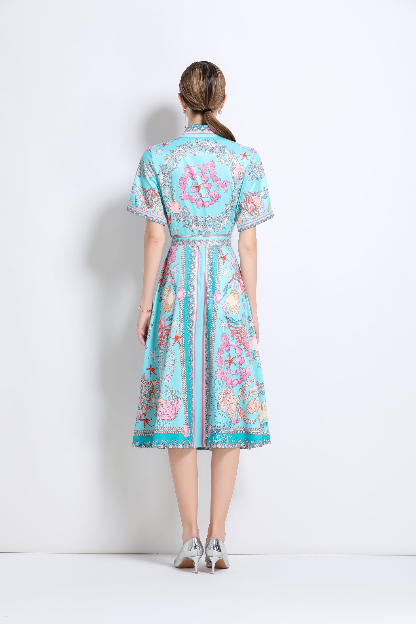 Women's Short Sleeve Button Floral Print  Midi Dress