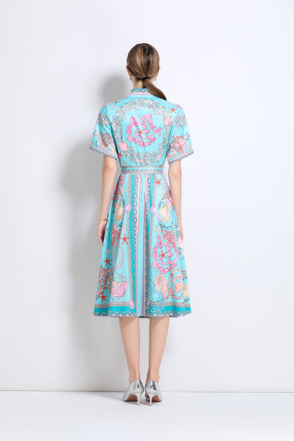 Women's Short Sleeve Button Floral Print  Midi Dress
