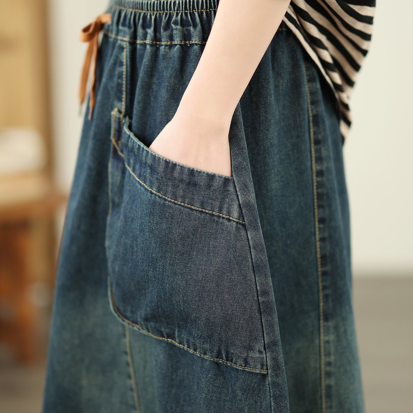 Women's Denim Drawstring Waist Pockets Jean Skirt