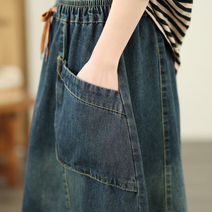 Women's Denim Drawstring Waist Pockets Jean Skirt