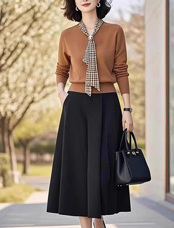 Women's Tie V-Neck Sweater Solid Color Pullover Tops