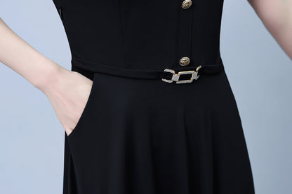 Women's Lapel V-Neck Pocket Short Sleeve Midi Dress - LAI MENG FIVE CATS