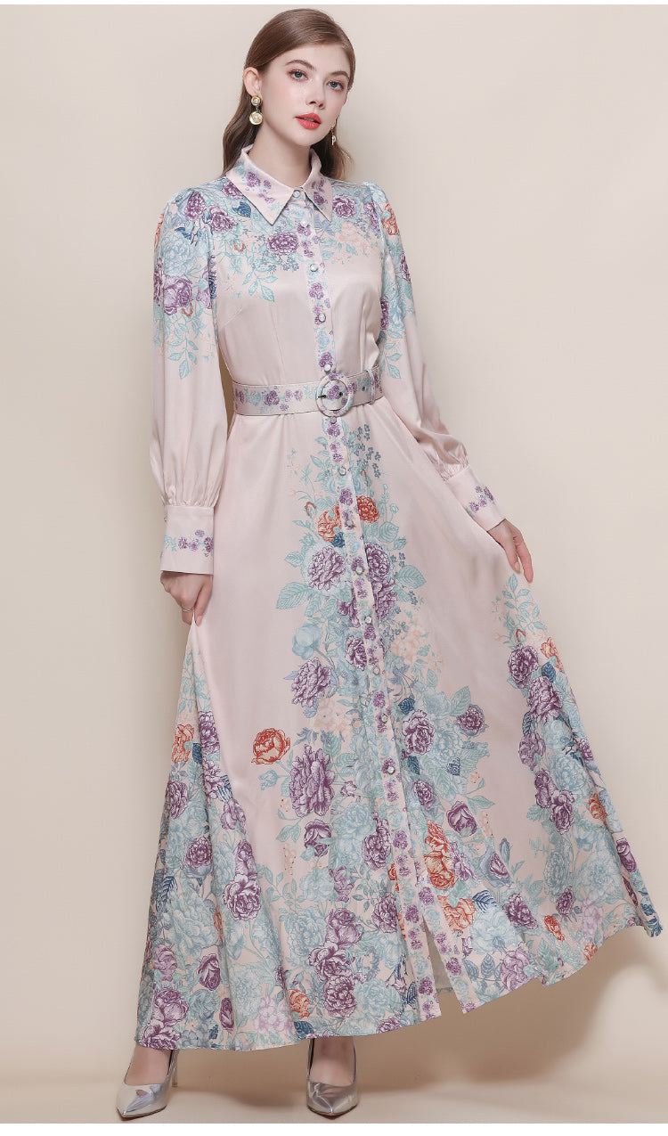 Women's Floral Print Button Maxi Dress With Belts