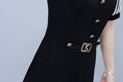 Women's Lapel V-Neck Pocket Short Sleeve Midi Dress - LAI MENG FIVE CATS