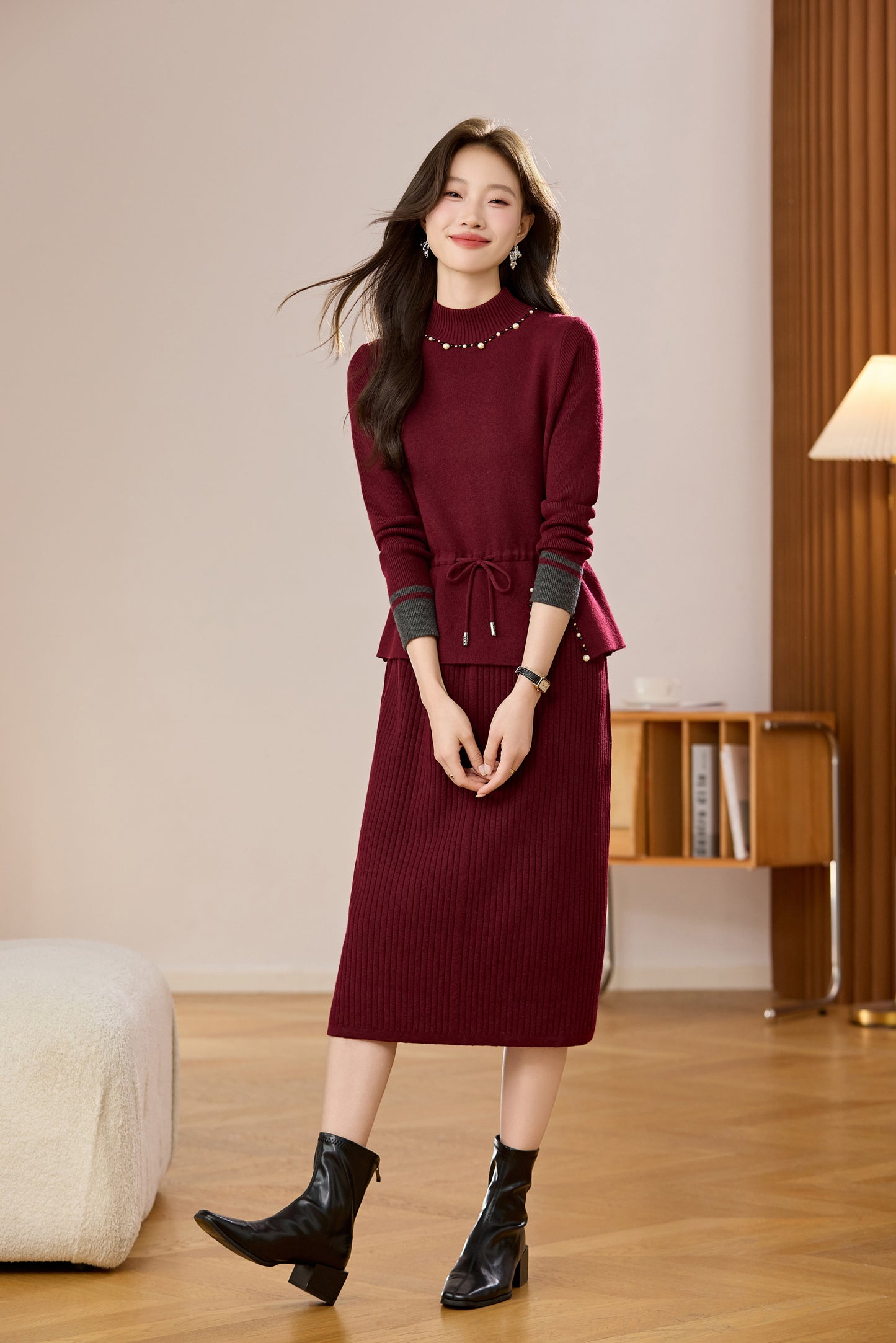 Women's Mock Neck Wool Sweater Drawstring Waist Dress