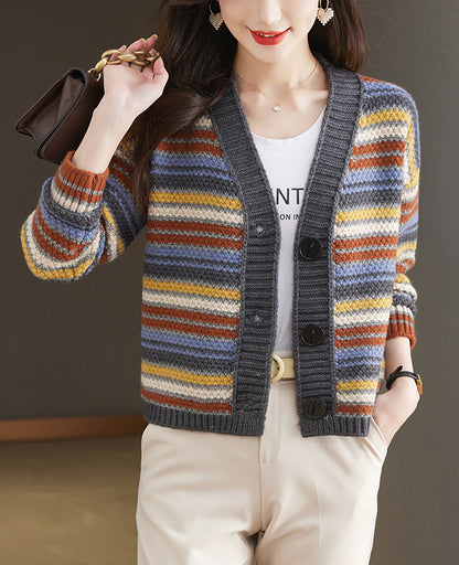 Women's Striped Cable Knit Sweater Cardigan Outerwear