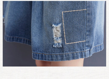 Women's Baggy Pull On Jeans Ripped Denim Shorts - LAI MENG FIVE CATS