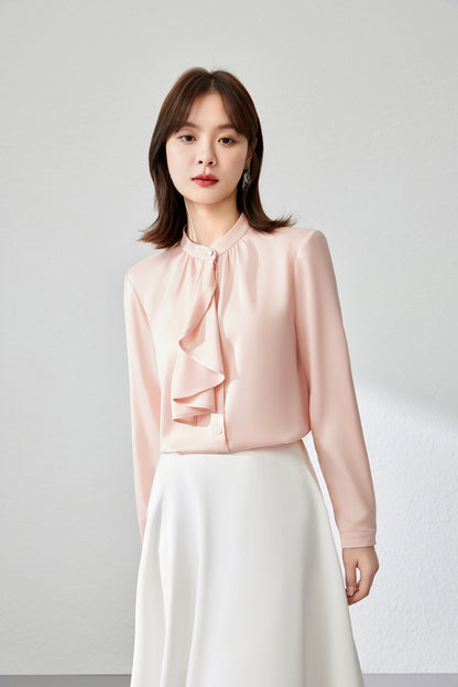 Women's Ruffle Shirt Tie Neck Long Sleeve Blouse - LAI MENG FIVE CATS