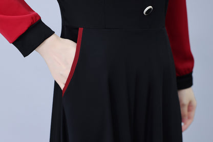 Women's Peter Pan Collar Long Sleeve Black Dress with Pocket