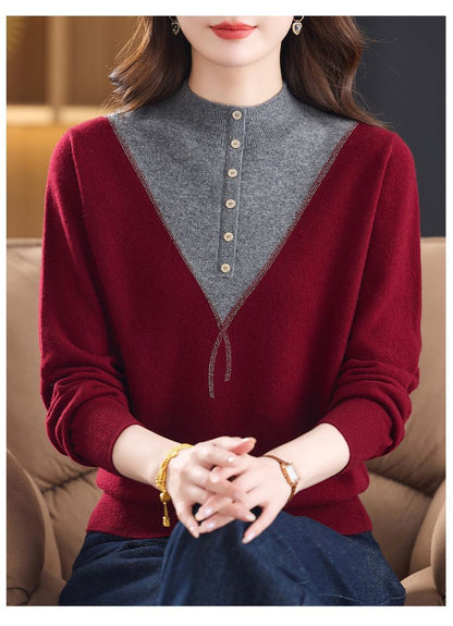 Women's Mock Neck Ribbed Sweaters Knit Patchwork Tops