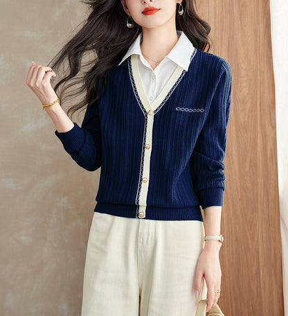 Women's Sweater 2 in 1 Lapel Ribbed Knit Pullover Top