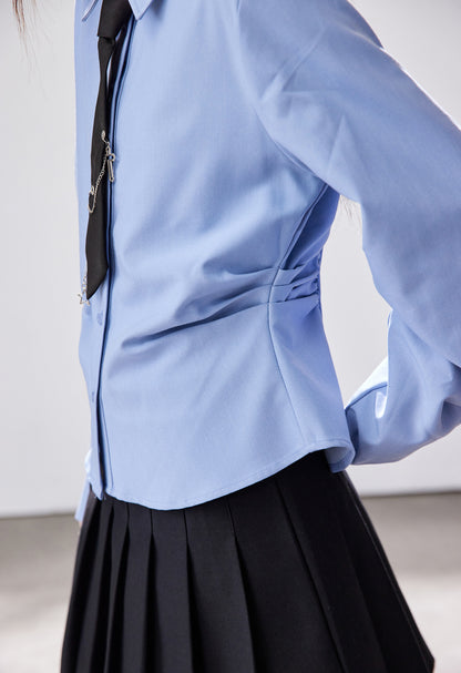 Elegant Light Blue Slim-Fit Shirt with Side Ruching & Tie Detail