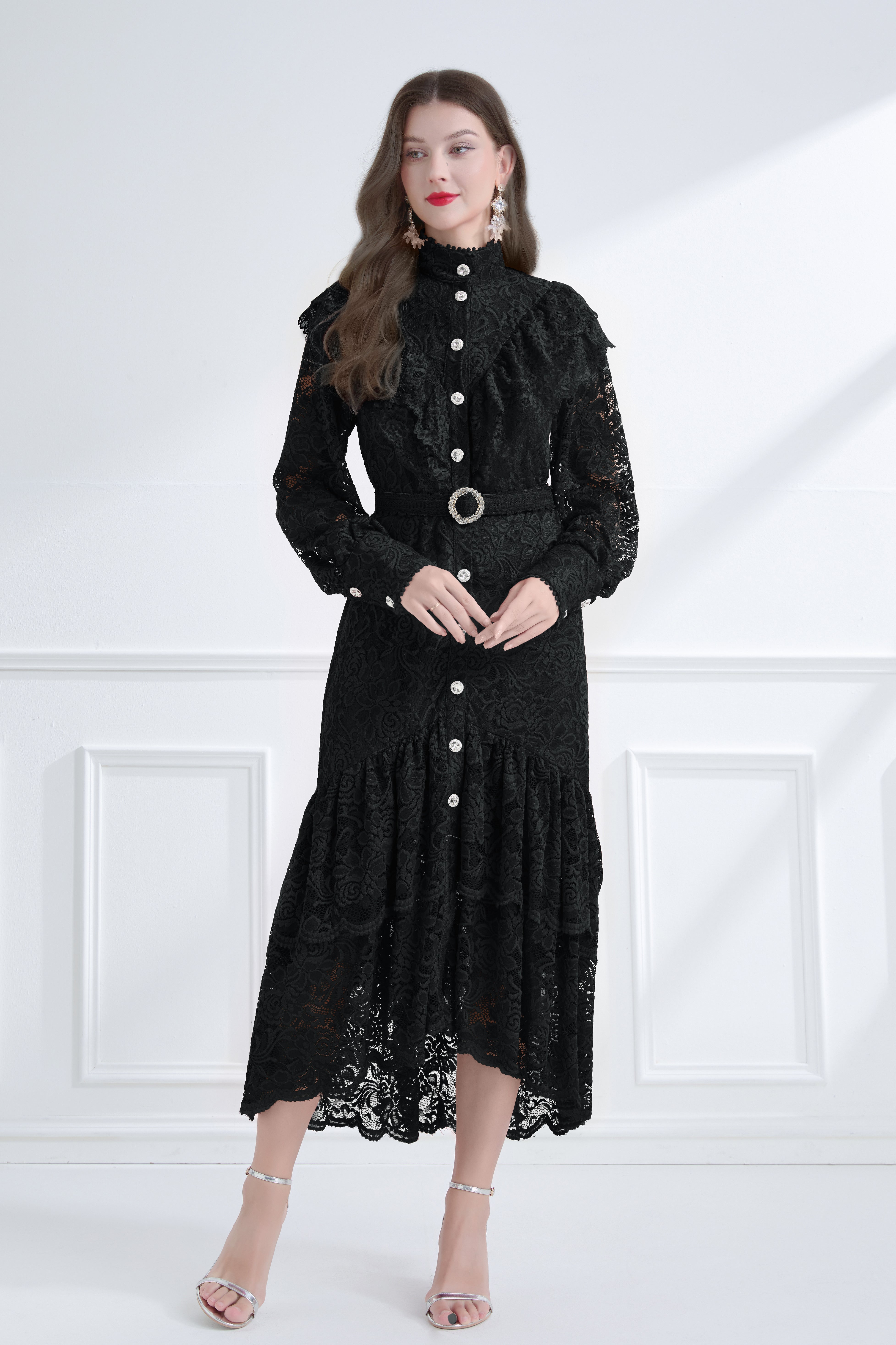 Women's Lace High Neck Ruffles Fishtail Maxi Dress – LAI MENG FIVE