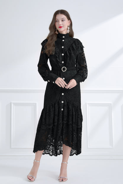 Women's Lace High Neck Ruffles Fishtail Maxi Dress