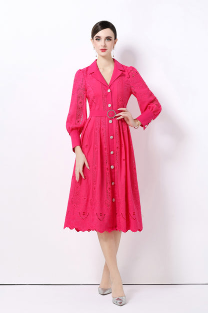 Women's Puff Sleeve Lace Hollow Out Midi Dress