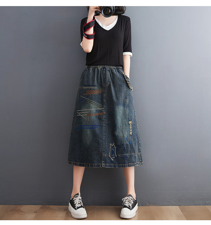 Women's Denim Drawstring Waist Pockets Jean Skirt