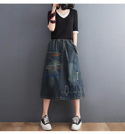 Women's Denim Drawstring Waist Pockets Jean Skirt
