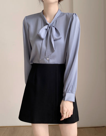 28686 Satin Tie-Neck Blouse with Button Front – Soft Blue Elegance for Fall