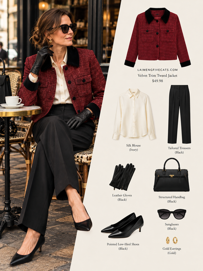 28692-Velvet Trim Tweed Jacket — Paris Café & London Autumn Style