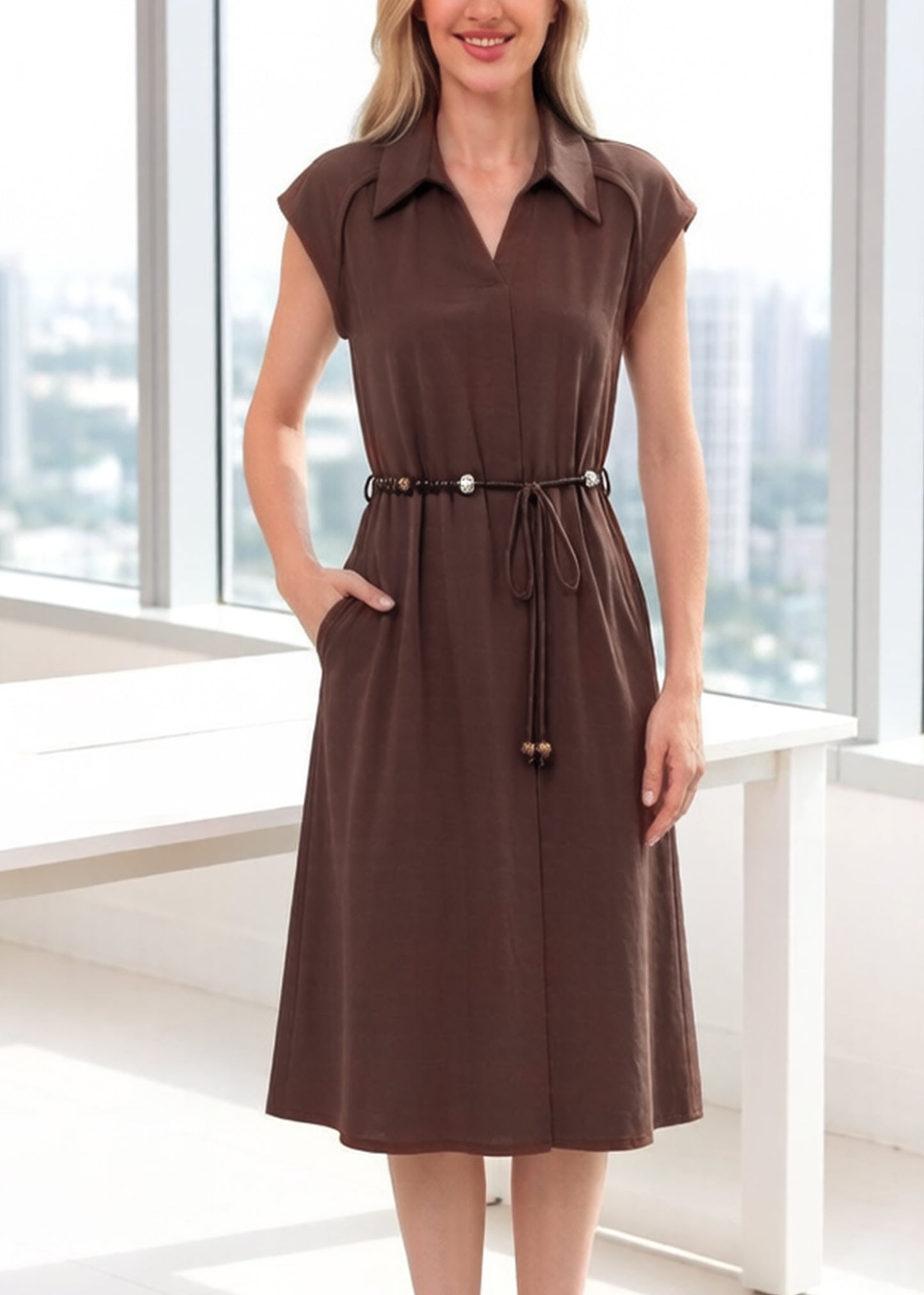 Women's V-Neck Cap Sleeve Pocket Midi Dress - LAI MENG FIVE CATS