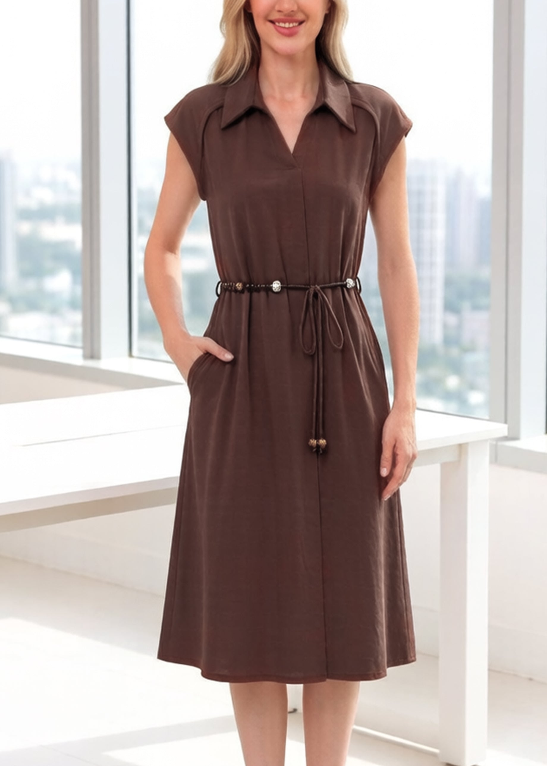Women's V-Neck Cap Sleeve Pocket Midi Dress - LAI MENG FIVE CATS