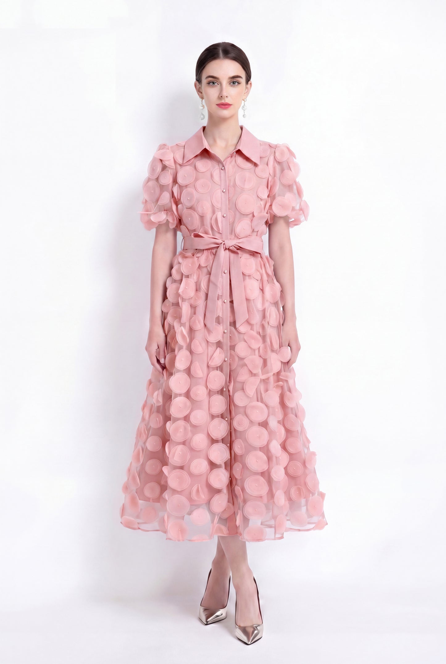 LAI MENG FIVE CATS Pink 3D Floral Midi Dress