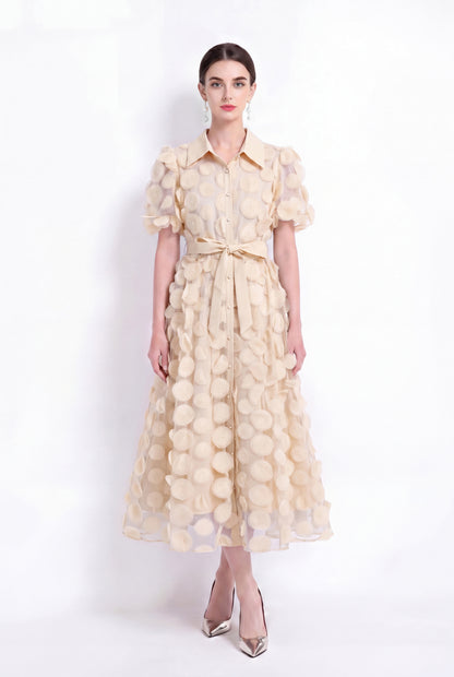 LAI MENG FIVE CATS Beige 3D Floral Midi Dress