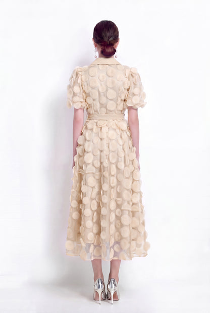 LAI MENG FIVE CATS Beige 3D Floral Midi Dress