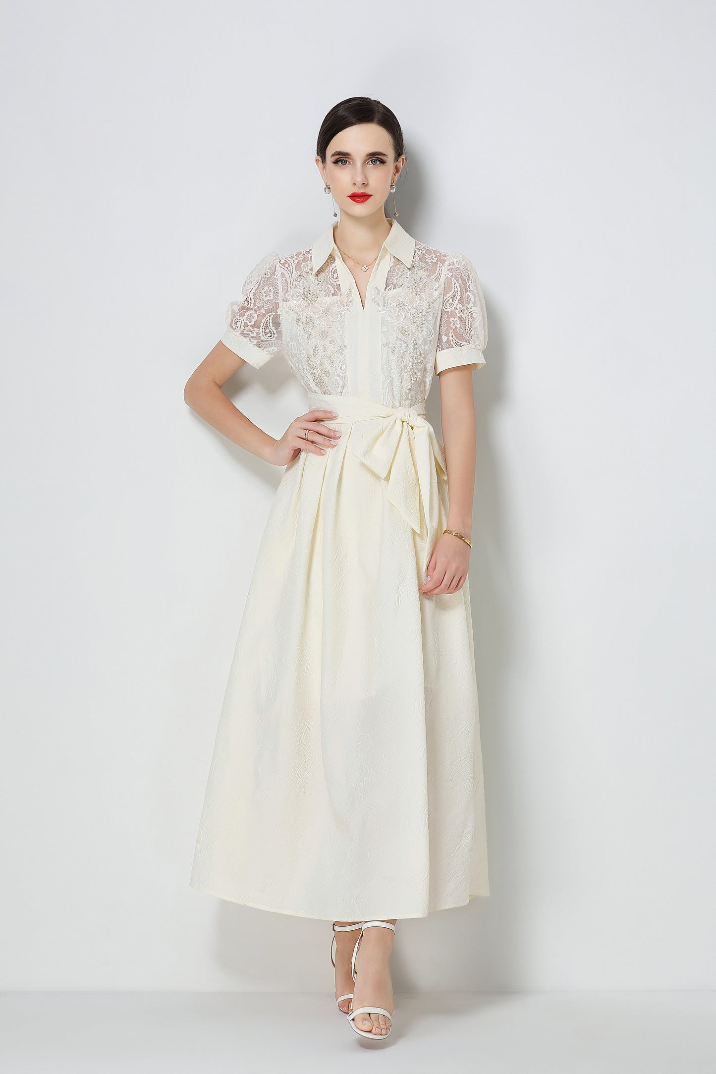 Elegant V-Neck Puff Sleeve Lace Jacquard Beige Maxi Dress
