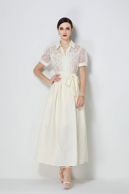 Elegant V-Neck Puff Sleeve Lace Jacquard Beige Maxi Dress