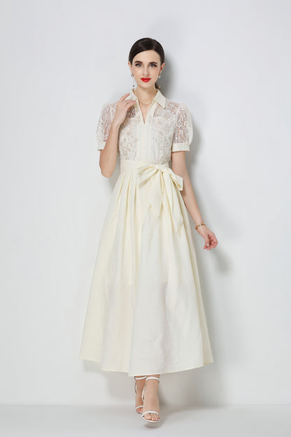 Elegant V-Neck Puff Sleeve Lace Jacquard Beige Maxi Dress