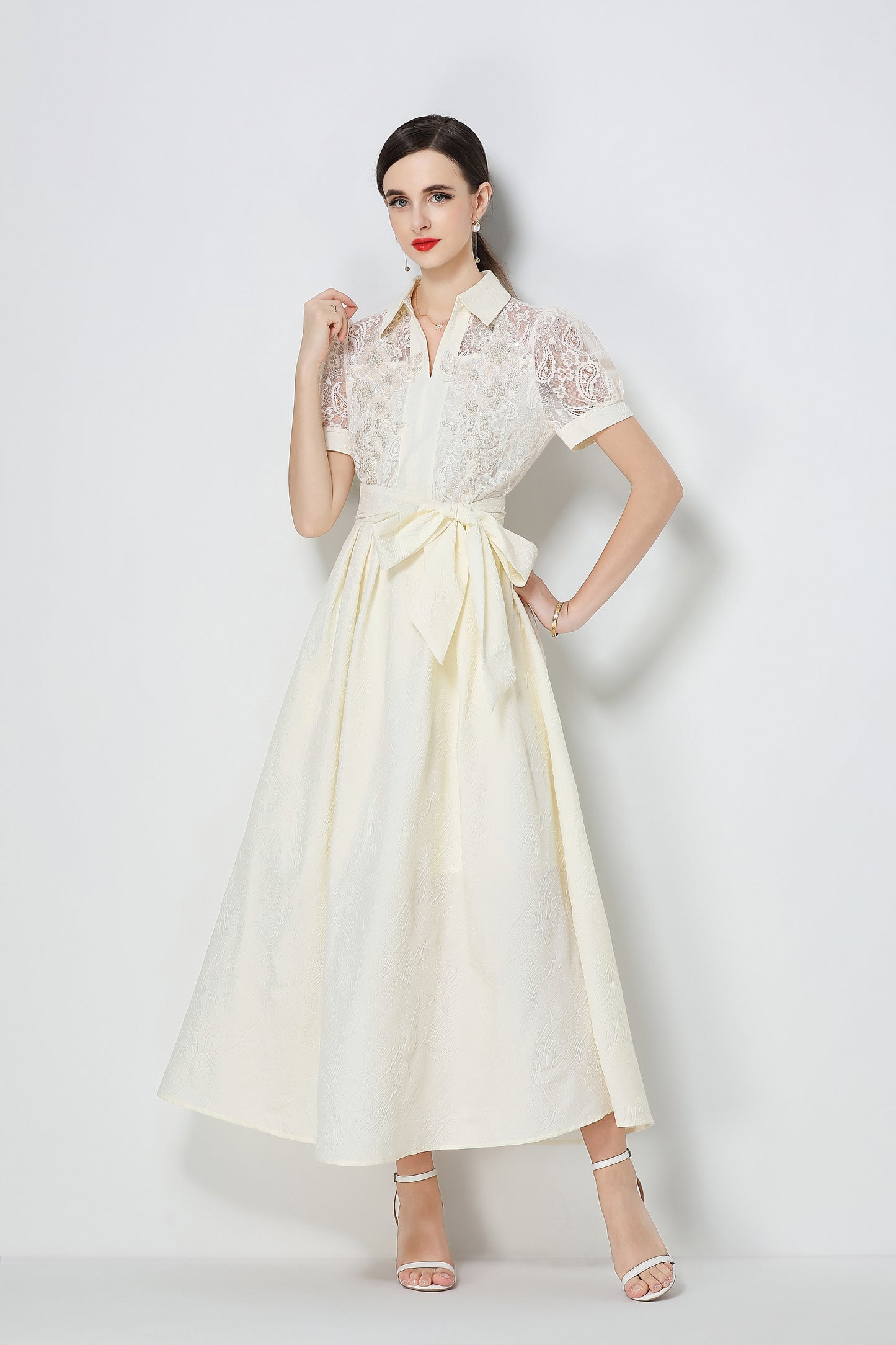 Elegant V-Neck Puff Sleeve Lace Jacquard Beige Maxi Dress
