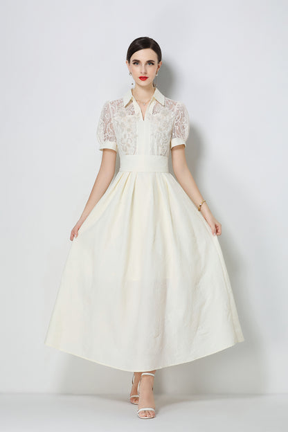 Elegant V-Neck Puff Sleeve Lace Jacquard Beige Maxi Dress