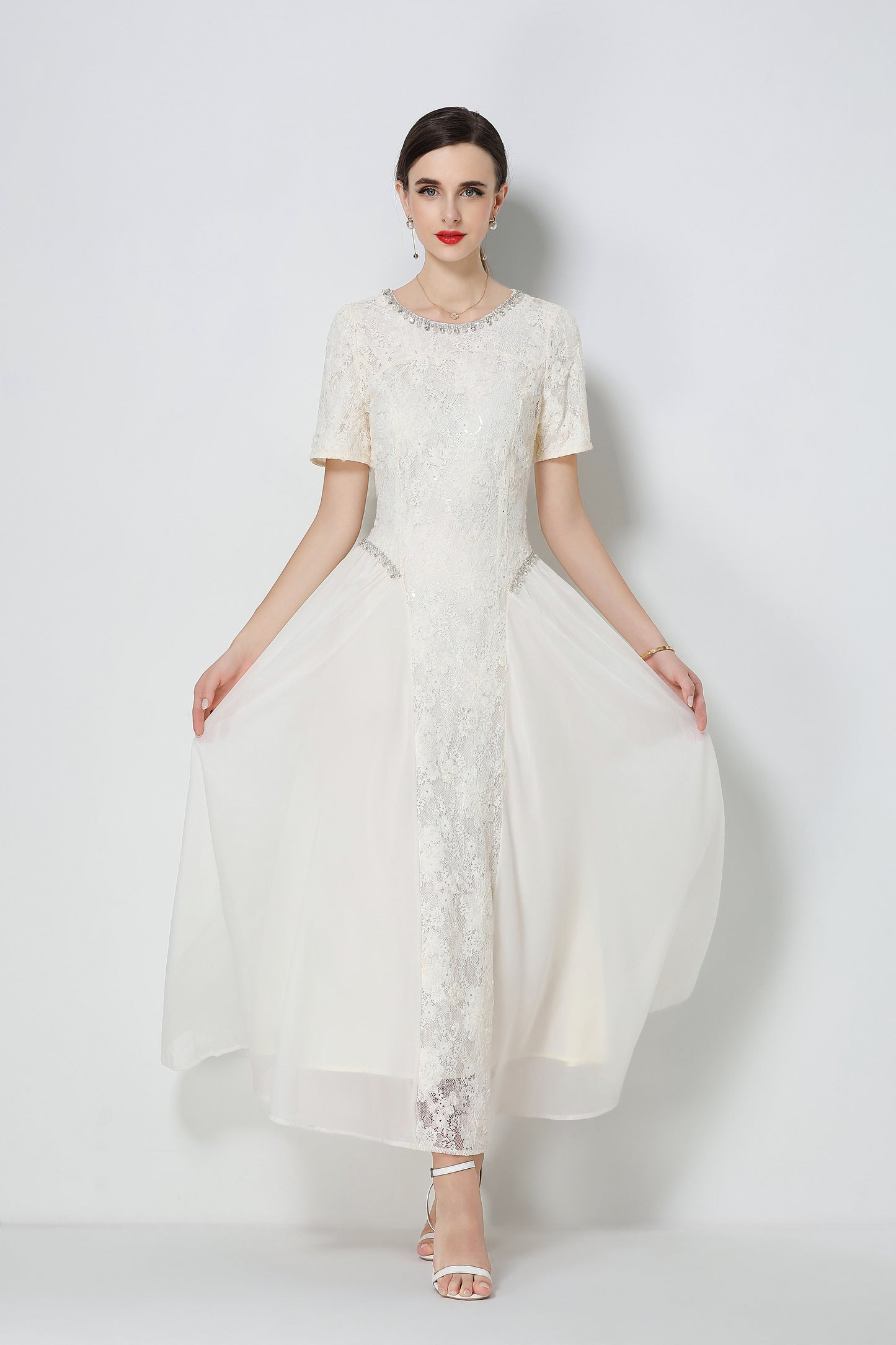 Effortlessly Short Sleeve Beading Lace & Chiffon Maxi Dress